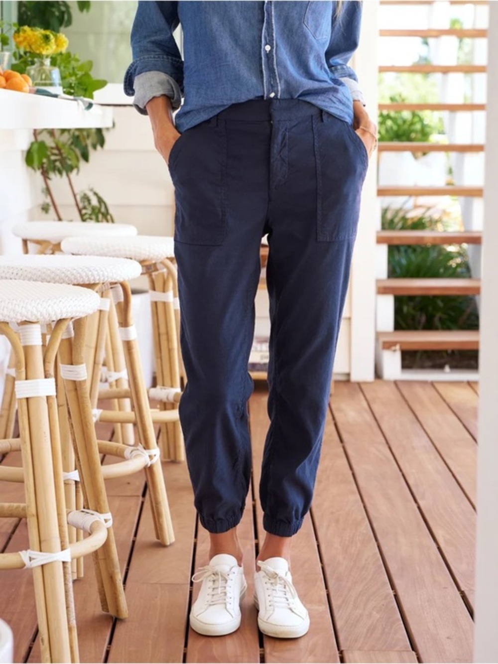 Frank & Eileen Jameson Utility Joggers Italian Performance Linen in Navy Size 6